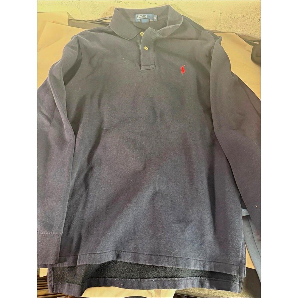 Polo Ralph Lauren Men's M Navy Solid Cotton/Acrylic Polo LS Embroidered Logo